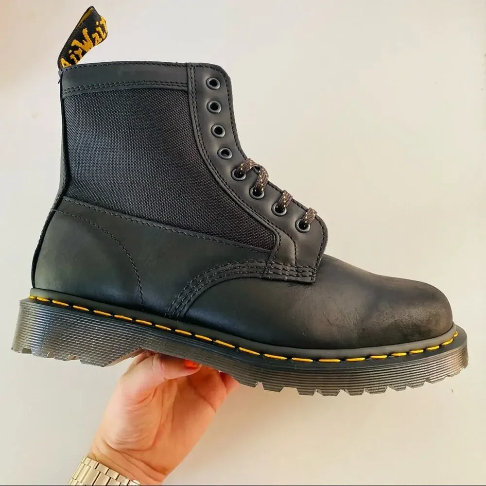 NEW DR DOC MARTENS Black Leather Canvas Panel Inset Lace Up Combat Ankle Boot 9